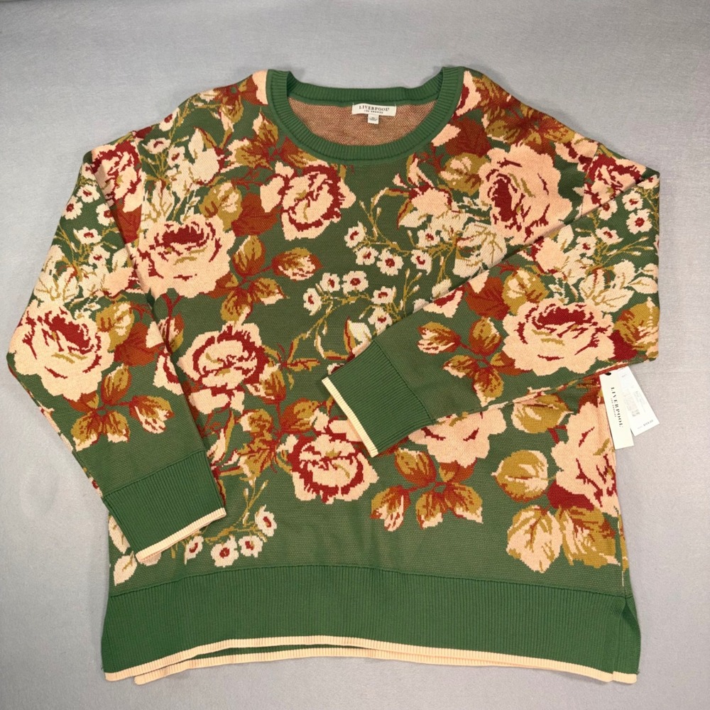 Liverpool Los Angeles Floral Jacquard Crewneck Sweater Green XL NEW - Picture 1 of 7